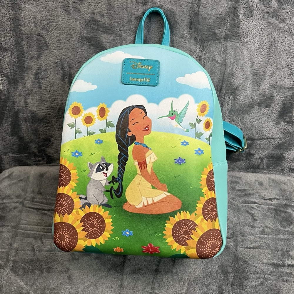 Loungefly Disney Pocahontas Sunflower Mini Backpack Bag Meeko Flit Teal Blue